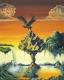 DÃ¤mmerung des JÃ¤gers - AndrÃ© Behrendt - Acryl auf Karton - BÃ¤ume-VÃ¶gel-Berge-Himmel-See-Wolken-Abend - Surrealismus
